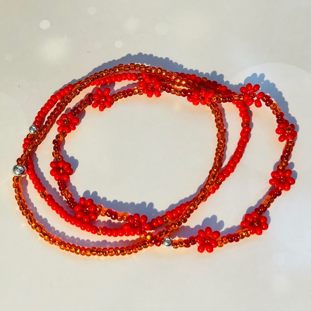 3 Stackable Glass Bead Stretch Bracelets (red/orange color hues)